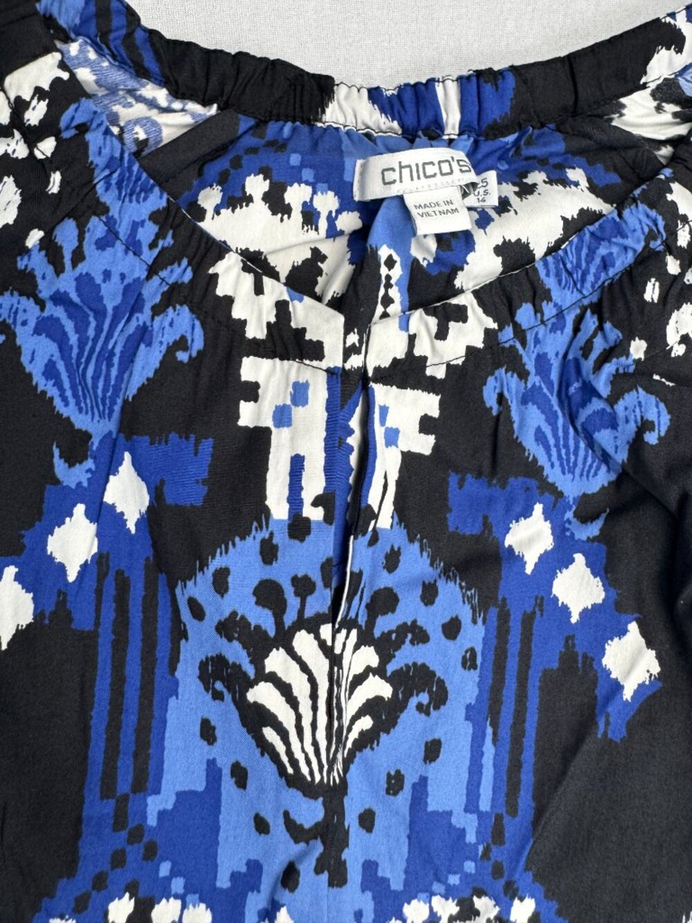 Chicos Ikat Puff Sleeve Smocked Tiered Midi Dress Navy White Sz L 14 - Picture 13 of 15